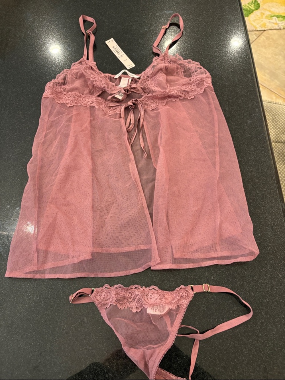 Victoria's Secret Sheer Lace Babydoll Chemise Set - Rose Pink